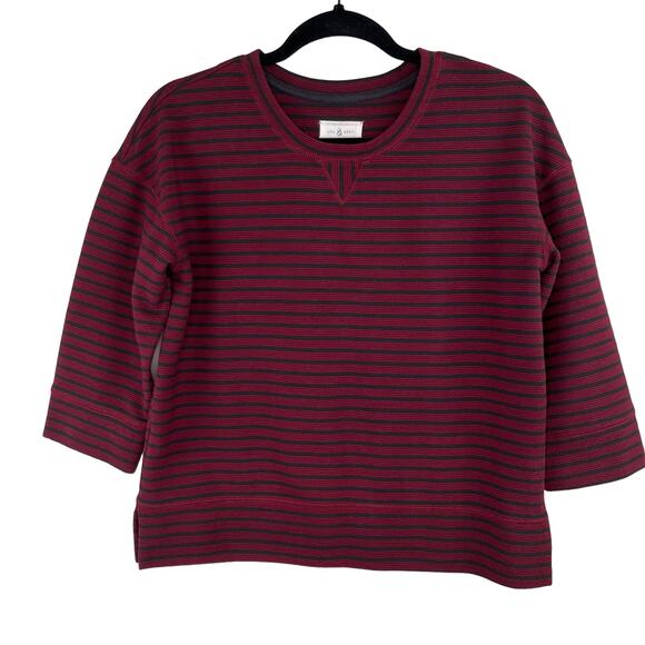 Lou & Grey Maroon Striped 3/4 Sleeve Crew Neck Casual Sweater Top Oversize XS/L - Picture 1 of 12